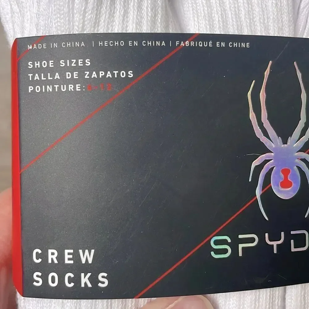 NEW Spyder Men’s Size 6-12 White Crew Socks w/ Logo- 6 Pairs 97%Poly/Spandex